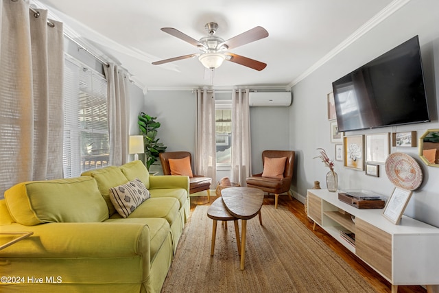 living room featuring a wall mounted AC, crown molding, ceiling fan, and wood-type flooring