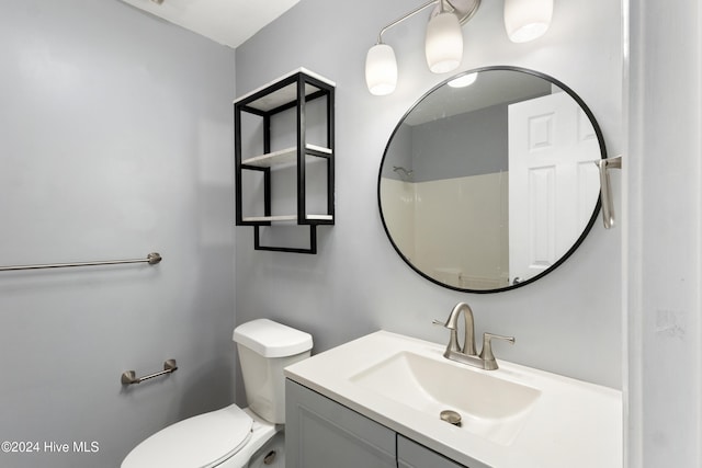 bathroom featuring a shower, vanity, and toilet