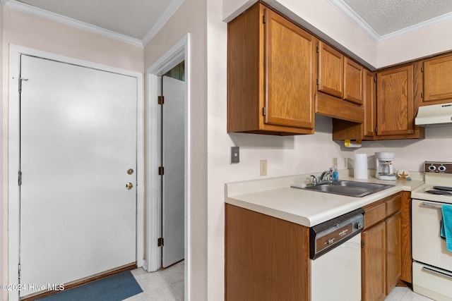 kitchen with a textured ceiling, white appliances, ornamental molding, and sink