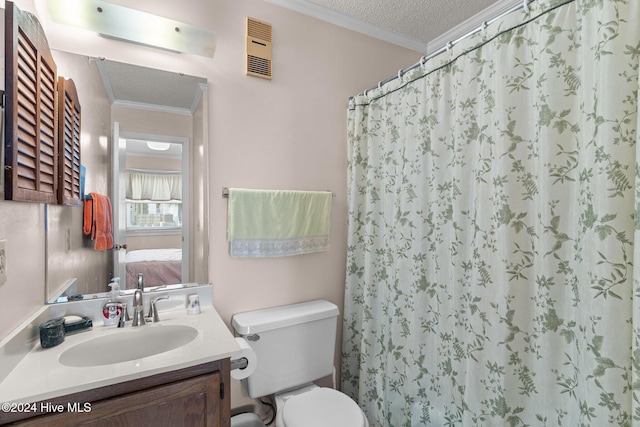 bathroom with vanity, toilet, crown molding, a textured ceiling, and a shower with curtain