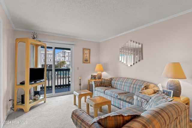 living room with carpet flooring, a textured ceiling, and crown molding