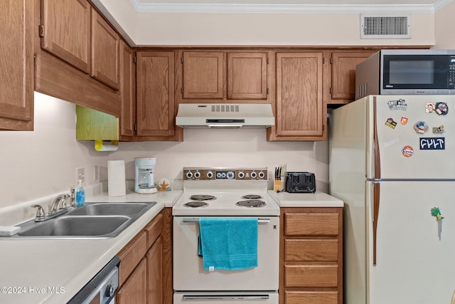 kitchen with white appliances, sink, and crown molding