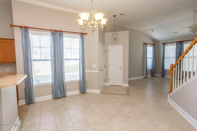 interior space with light tile patterned floors, ceiling fan with notable chandelier, and vaulted ceiling