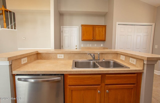 kitchen with kitchen peninsula, sink, and stainless steel dishwasher