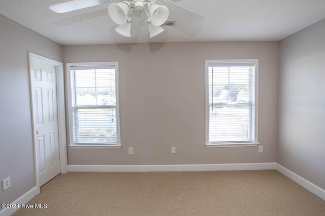 unfurnished room featuring a textured ceiling, a healthy amount of sunlight, and carpet