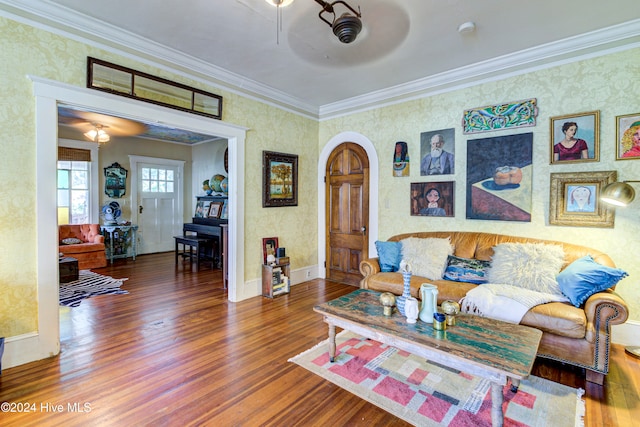 living room with crown molding, dark hardwood / wood-style floors, and ceiling fan