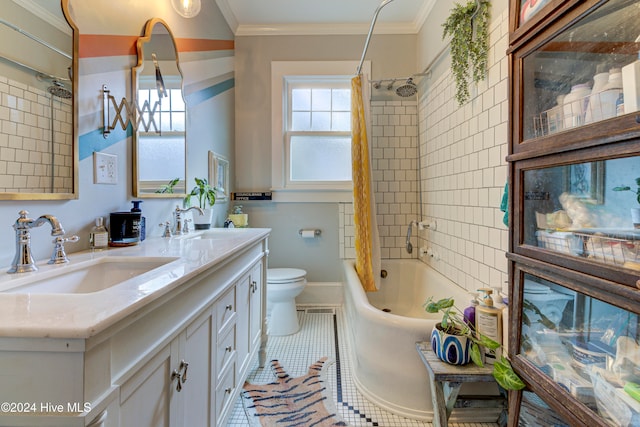 full bathroom featuring shower / bathtub combination with curtain, toilet, vanity, crown molding, and tile patterned floors