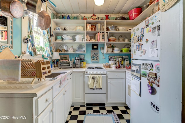 kitchen featuring white cabinetry, wood ceiling, and white appliances