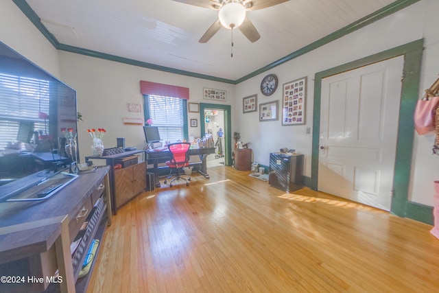 office space featuring ceiling fan, light hardwood / wood-style floors, and crown molding