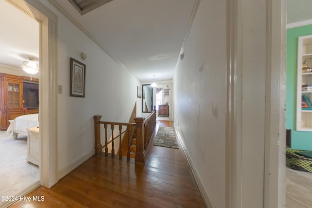 hallway featuring hardwood / wood-style floors and crown molding