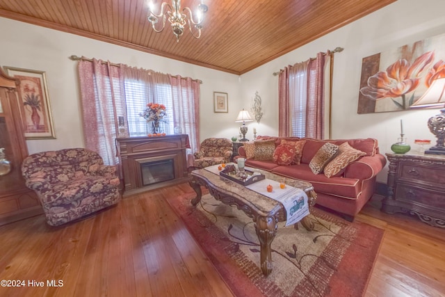 living room with crown molding, light hardwood / wood-style flooring, a chandelier, and wood ceiling