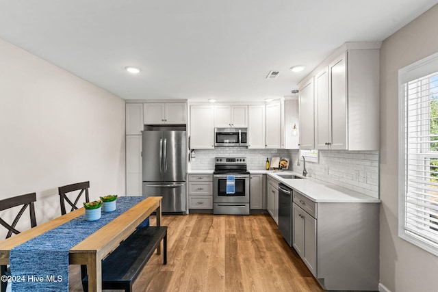 kitchen featuring white cabinetry, stainless steel appliances, tasteful backsplash, light wood-type flooring, and sink