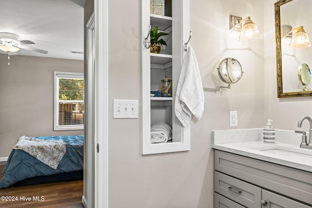 bathroom with ceiling fan, hardwood / wood-style flooring, and vanity