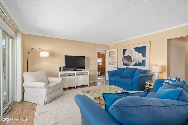 living room with a textured ceiling, light hardwood / wood-style flooring, and crown molding