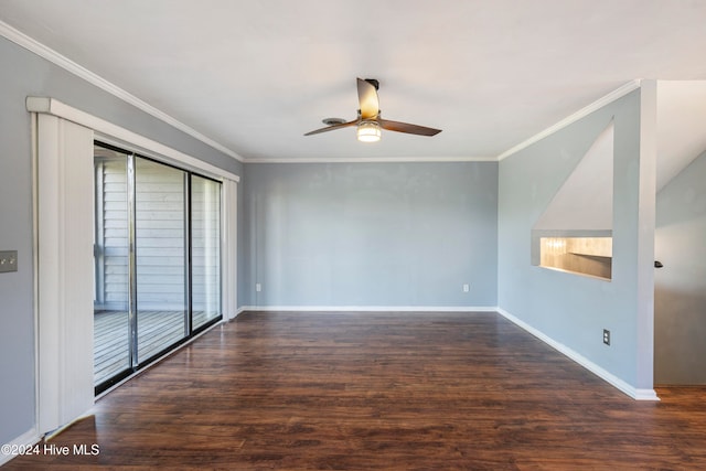 unfurnished room featuring ornamental molding, dark wood-type flooring, and ceiling fan