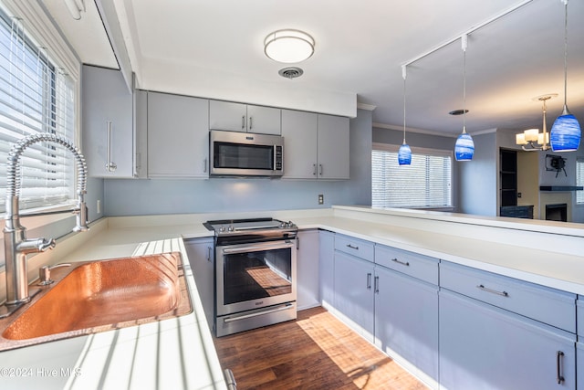 kitchen featuring dark hardwood / wood-style flooring, crown molding, stainless steel appliances, and a wealth of natural light