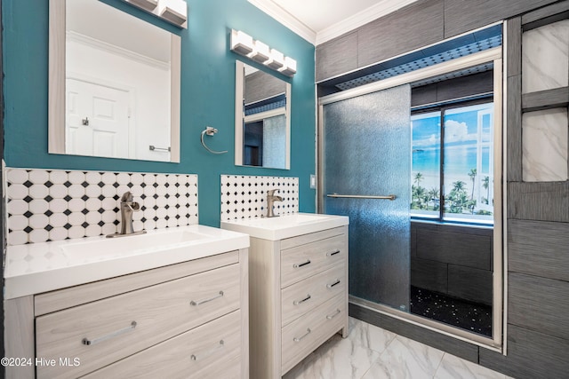 bathroom with vanity, tasteful backsplash, ornamental molding, and walk in shower