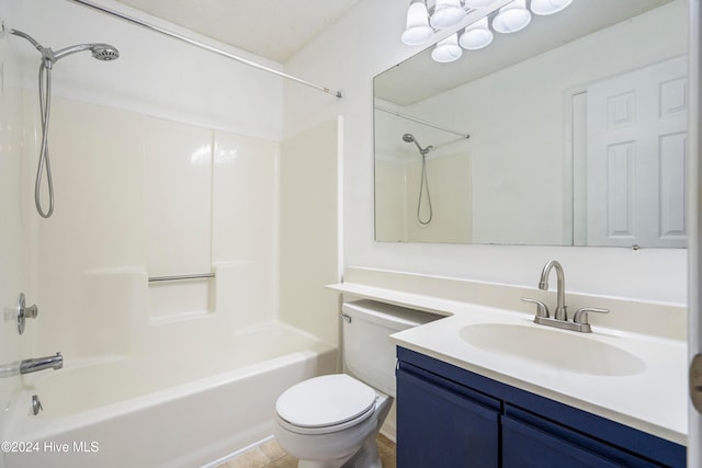 full bathroom featuring vanity, toilet, washtub / shower combination, and tile patterned flooring