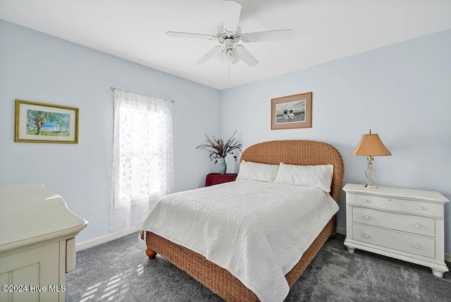 bedroom featuring dark carpet and ceiling fan