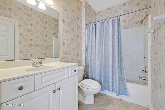 full bathroom with tile patterned flooring, vanity, toilet, and shower / tub combo with curtain