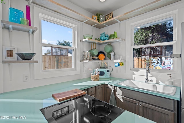 kitchen with dark brown cabinets, range, and sink