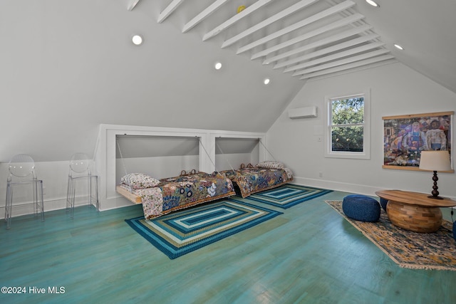 bedroom with hardwood / wood-style floors, vaulted ceiling with beams, and a wall mounted air conditioner