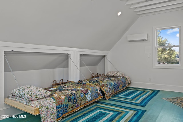 carpeted bedroom featuring lofted ceiling and an AC wall unit