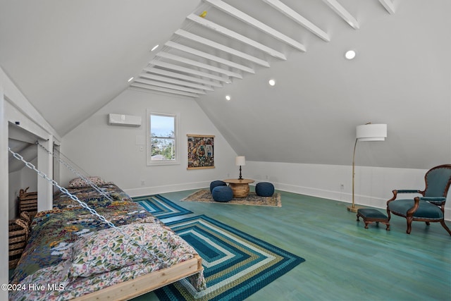 bedroom with hardwood / wood-style flooring, a wall mounted AC, and lofted ceiling with beams