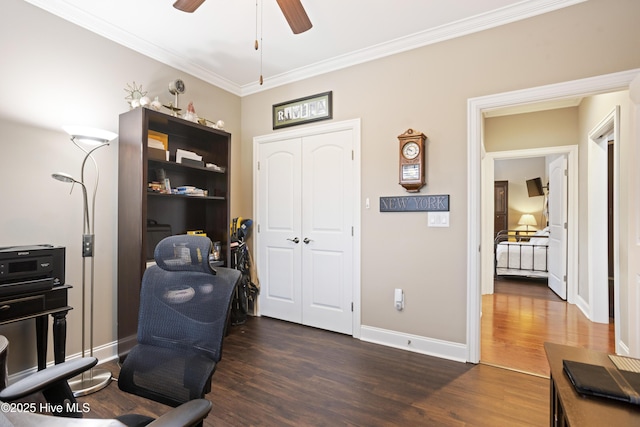 interior space featuring crown molding, ceiling fan, and dark wood-type flooring