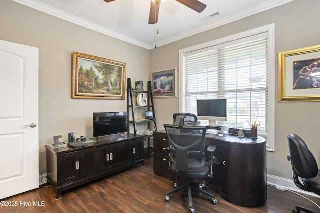 office featuring crown molding and dark wood-type flooring