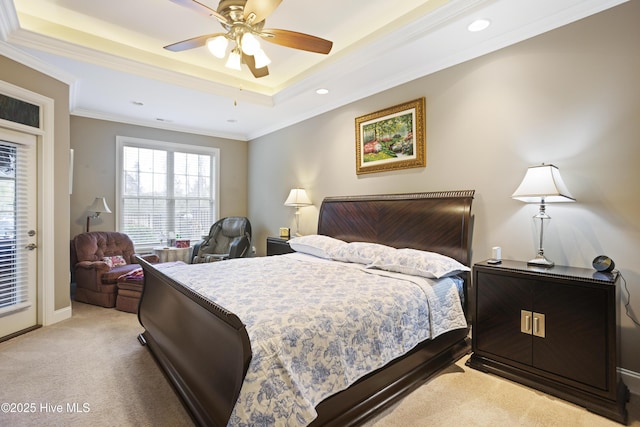 bedroom with access to exterior, ceiling fan, a raised ceiling, light carpet, and ornamental molding