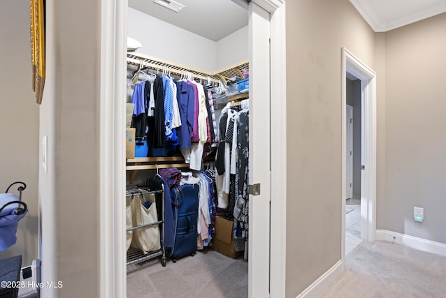 spacious closet featuring light carpet