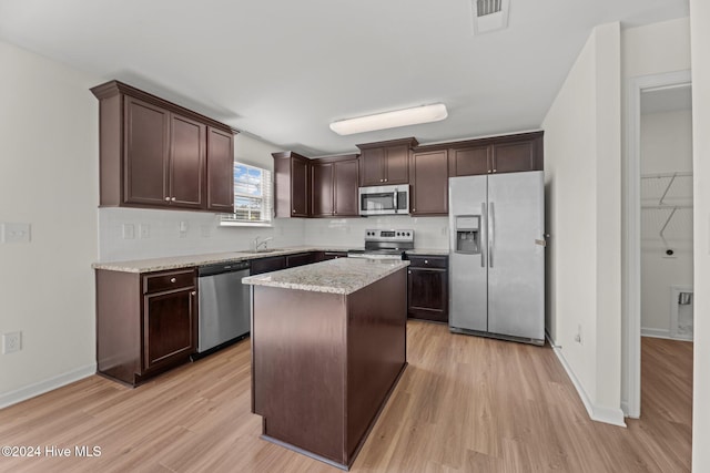 kitchen featuring visible vents, a sink, stainless steel appliances, dark brown cabinetry, and backsplash