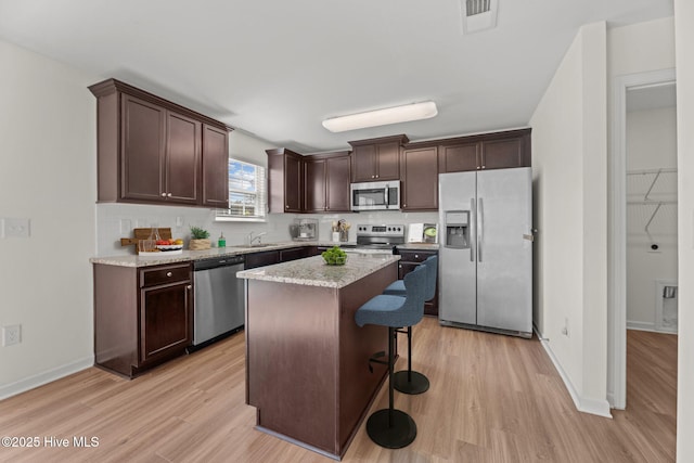 kitchen featuring visible vents, backsplash, dark brown cabinetry, stainless steel appliances, and a sink