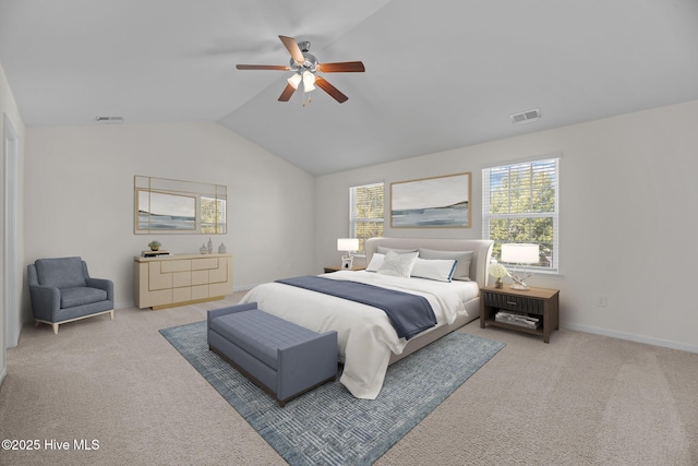 carpeted bedroom featuring visible vents, ceiling fan, baseboards, and lofted ceiling