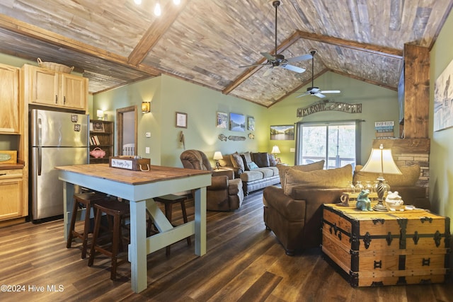 living room featuring lofted ceiling with beams, ceiling fan, dark hardwood / wood-style flooring, and wood ceiling