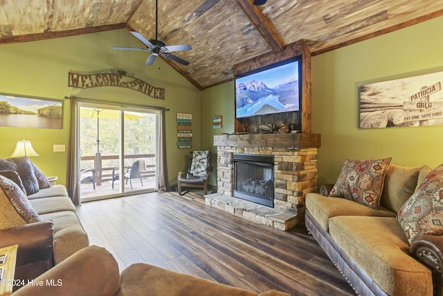 living room with ceiling fan, high vaulted ceiling, a fireplace, wood ceiling, and hardwood / wood-style flooring