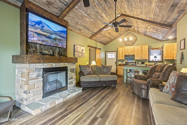 living room with wood ceiling, ceiling fan, lofted ceiling with beams, hardwood / wood-style flooring, and a fireplace