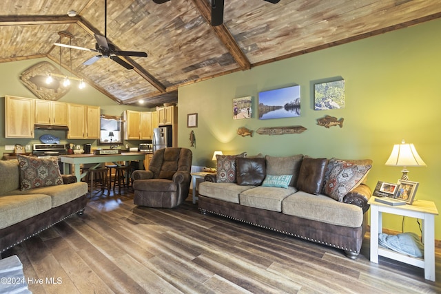 living room with beamed ceiling, dark hardwood / wood-style floors, high vaulted ceiling, and ceiling fan