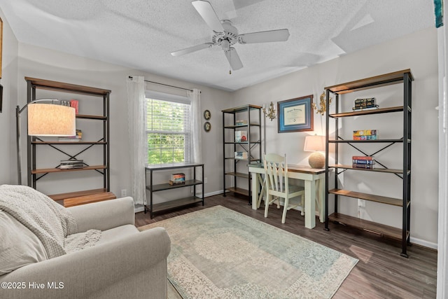212 Outrigger Rd, New Bern, NC 28562 - office area featuring a ceiling fan, a textured ceiling, wood finished floors, and baseboards