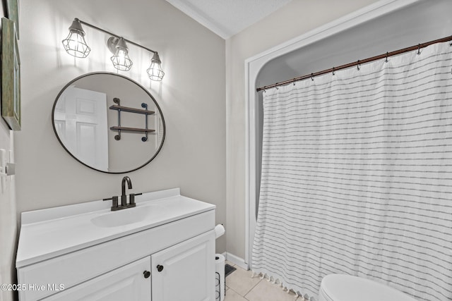 212 Outrigger Rd, New Bern, NC 28562 - bathroom featuring toilet, vanity, tile patterned floors, and curtained shower
