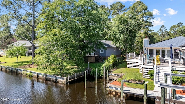 212 Outrigger Rd, New Bern, NC 28562 - dock with stairs, a deck with water view, and a yard