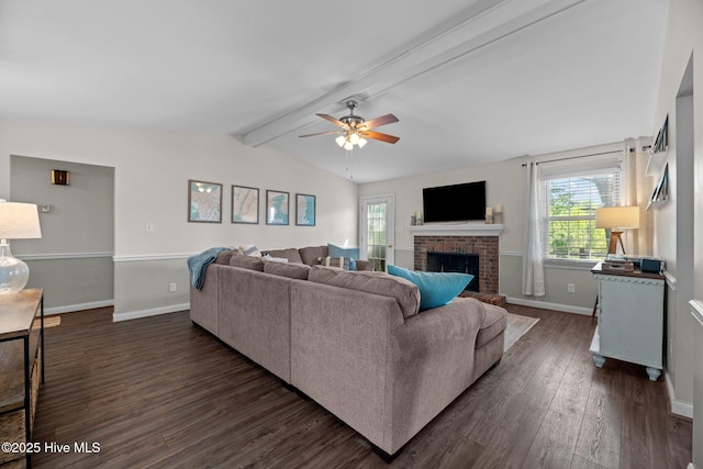 212 Outrigger Rd, New Bern, NC 28562 - living area featuring dark wood-style flooring, a ceiling fan, baseboards, and a fireplace