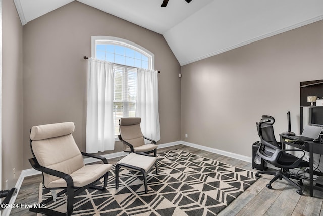 office with ceiling fan, wood-type flooring, and lofted ceiling