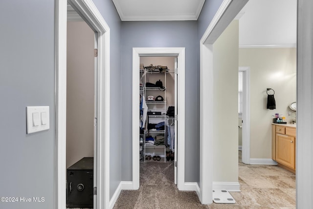 hallway featuring light carpet and ornamental molding