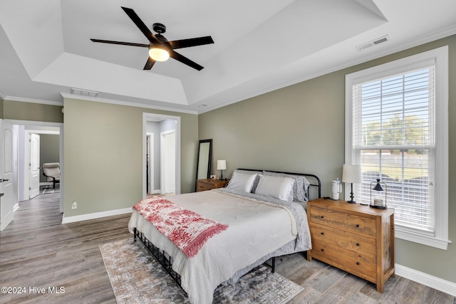 bedroom with ceiling fan, a raised ceiling, and wood-type flooring