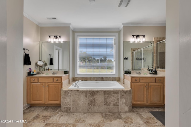 bathroom with vanity, separate shower and tub, and crown molding