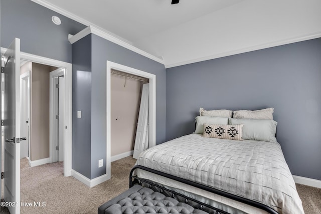 bedroom with a closet, crown molding, and carpet