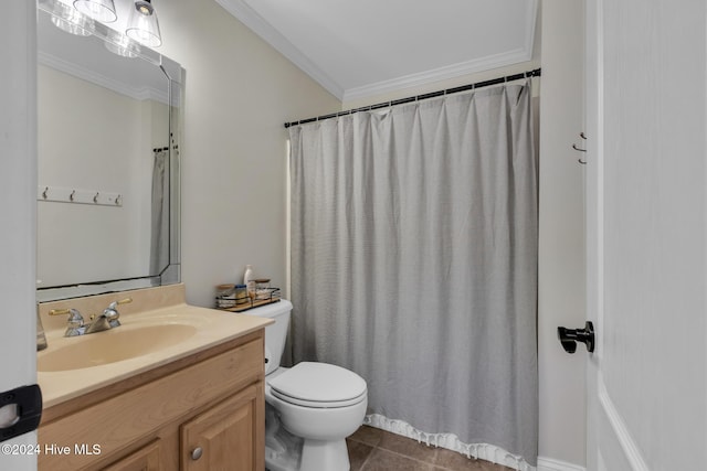 bathroom featuring tile patterned floors, vanity, toilet, and ornamental molding