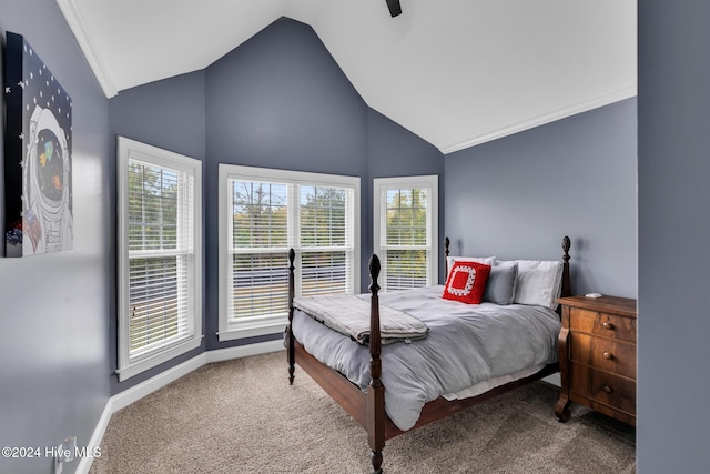 bedroom featuring high vaulted ceiling, carpet floors, and ceiling fan